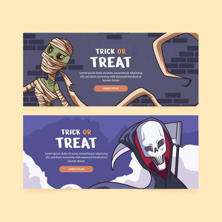 hand drawn flat halloween horizontal banners set vector design illustrationのイラスト素材