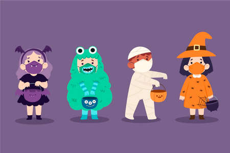hand drawn flat halloween kids collectionのイラスト素材