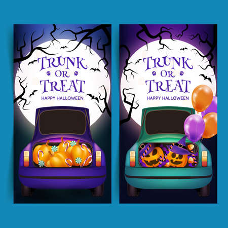realistic trunk treat vertical banners set vector design illustrationのイラスト素材