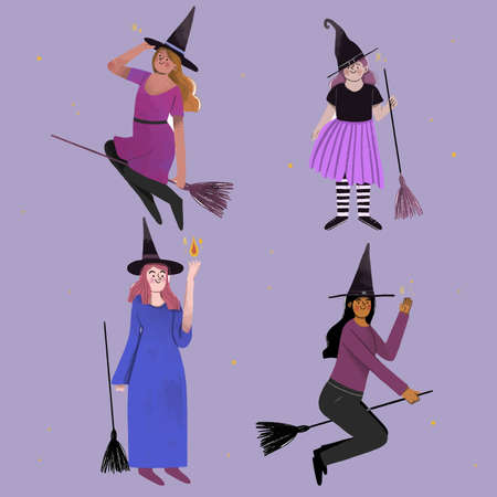 hand drawn halloween witches collection vector design illustrationのイラスト素材