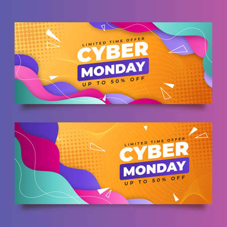 gradient wavy cyber monday horizontal banners set vector design illustrationのイラスト素材