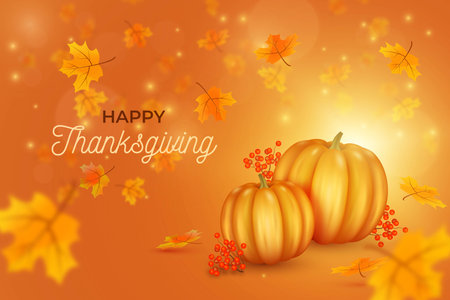 realistic thanksgiving background with pumpkins leaves vector design illustrationのイラスト素材