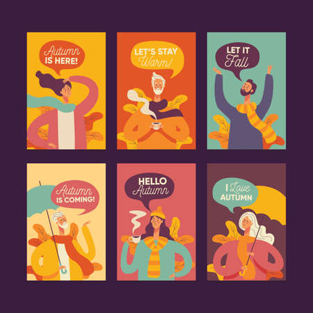 pack autumn people cards vector design illustrationのイラスト素材