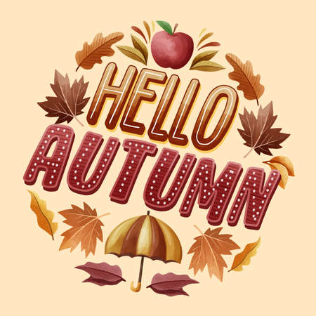creative hello autumn text with seasonal elements vector design illustrationのイラスト素材