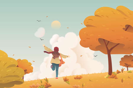 flat  autumnal background with kid running vector design illustrationのイラスト素材