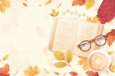 flat  autumnal background with book glasses vector design illustrationの写真素材