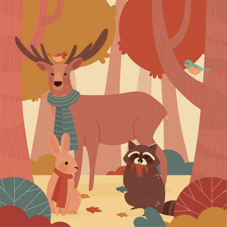 hand drawn autumn forest animals vector design illustrationのイラスト素材