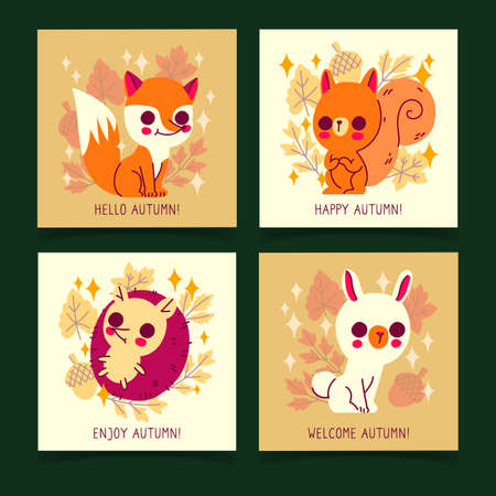 hand drawn autumn card set vector design illustrationのイラスト素材