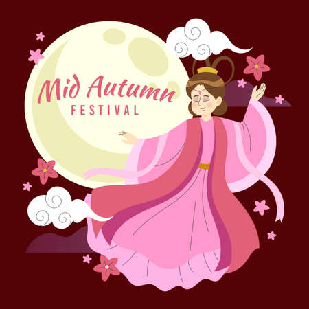 mid autumn festival with woman pink dressのイラスト素材