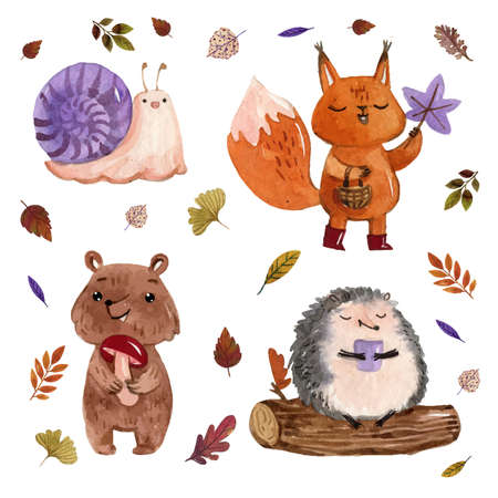 watercolor autumn forest animals vector design illustrationのイラスト素材