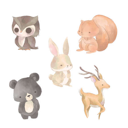 watercolor autumn animals collection vector design illustrationのイラスト素材