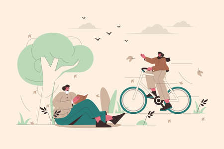 illustrated people autumn scene vector design illustrationのイラスト素材