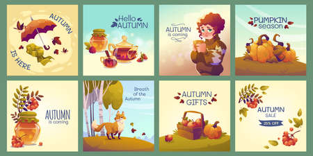 flat autumn posts collection vector design illustrationのイラスト素材