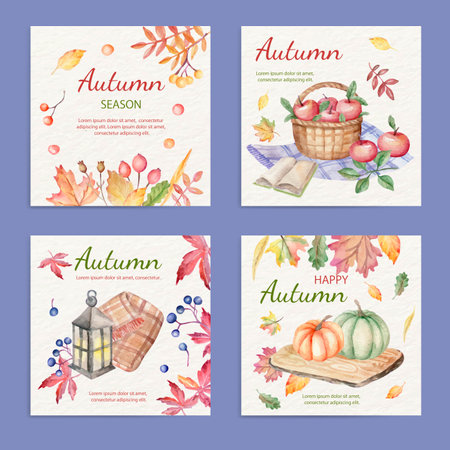 watercolor autumn posts collection vector design illustrationのイラスト素材