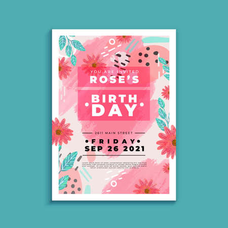 birthday invitation template with different colorful flowers vector design illustration