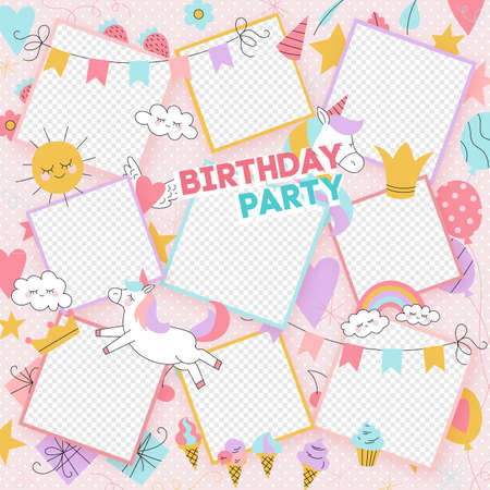 hand drawn birthday collage frame collection vector design illustrationのイラスト素材