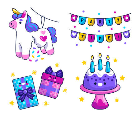 kawaii birthday celebration stickers set vector design illustrationのイラスト素材