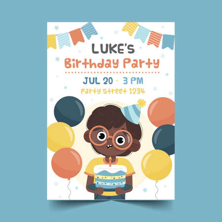 cute boy holding cake being surrounded by balloons poster vector design illustrationのイラスト素材