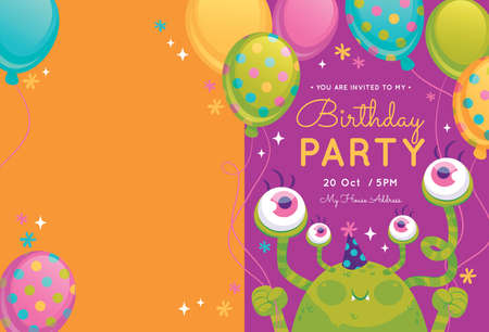 flat monster birthday invitation template with photo vector design illustrationのイラスト素材
