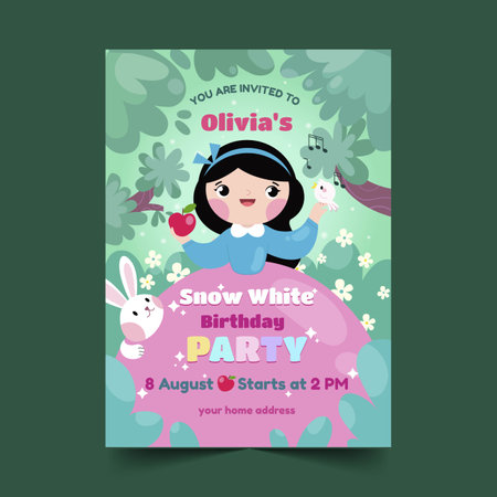 flat snow white birthday invitation vector design illustrationのイラスト素材