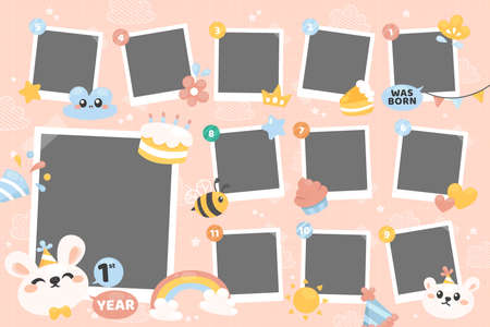 flat  birthday collage frame copy space collection vector design illustrationのイラスト素材
