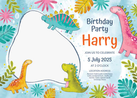 hand painted watercolor dinosaur birthday invitation template with photo vector design illustrationのイラスト素材