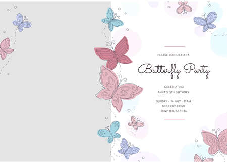 hand drawn butterfly birthday invitation template with photo vector design illustrationのイラスト素材