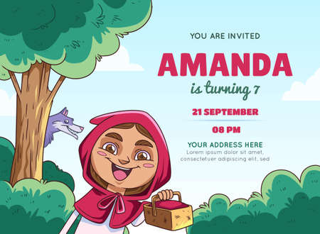 hand drawn little red riding hood birthday invitation vector design illustrationのイラスト素材