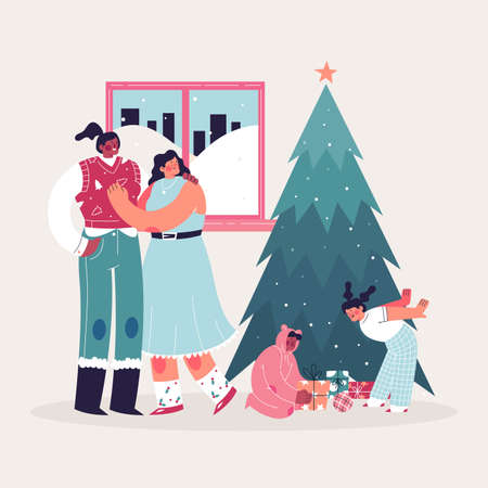 hand drawn christmas family scene vector design illustrationのイラスト素材