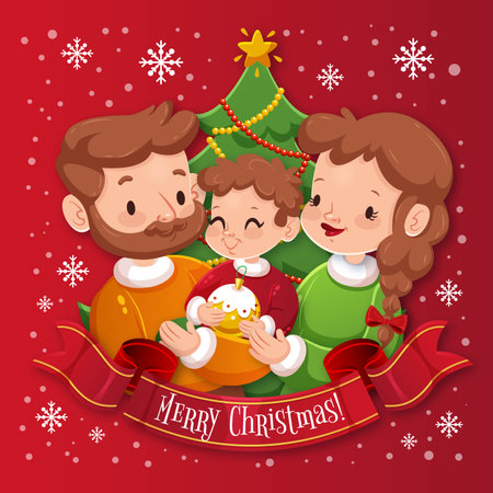 christmas family scene concept flat vector design illustrationのイラスト素材