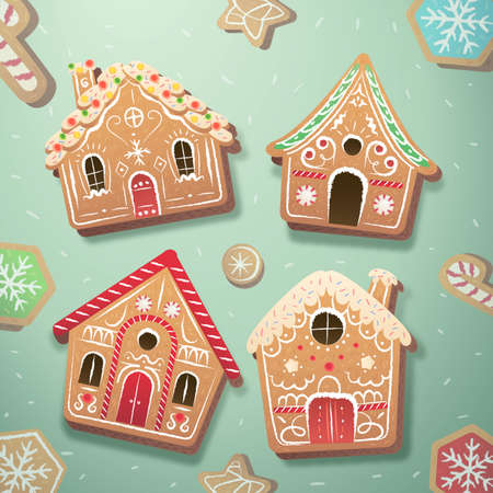 hand drawn gingerbread house collection vector design illustrationのイラスト素材