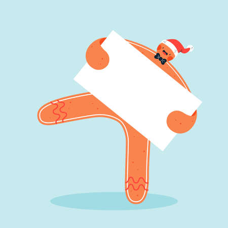 funny gingerbread man with santa s hat holding empty banner vector design illustrationのイラスト素材