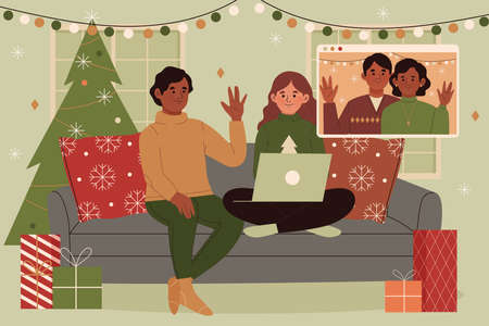 christmas family videocall vector design illustrationのイラスト素材