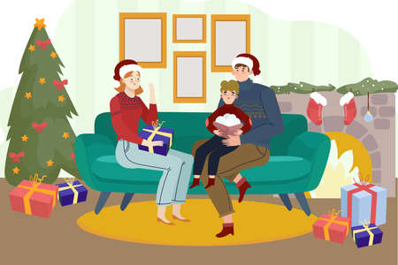 beautiful family with christmas tree fireplace vector design illustrationのイラスト素材