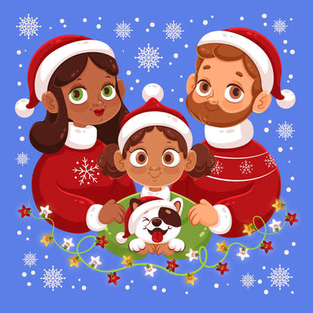 parents child with dog family christmas scene vector design illustrationのイラスト素材