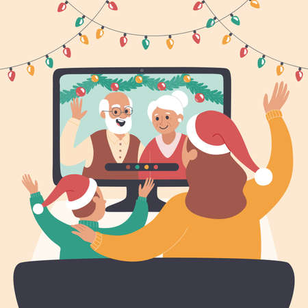 christmas family video call vector design illustrationのイラスト素材