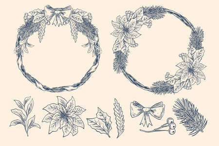 vintage christmas flower wreath collection vector design illustrationのイラスト素材