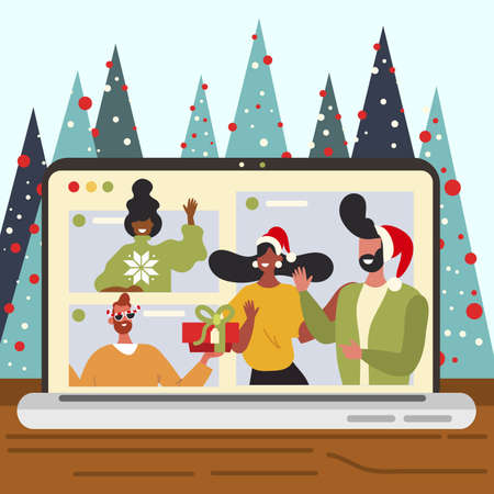 christmas family videocall vector design illustrationのイラスト素材