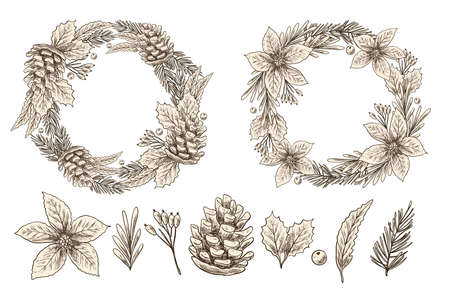 vintage christmas flower wreath collection vector design illustrationのイラスト素材