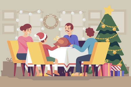 christmas dinner scene with fir tree vector design illustrationのイラスト素材
