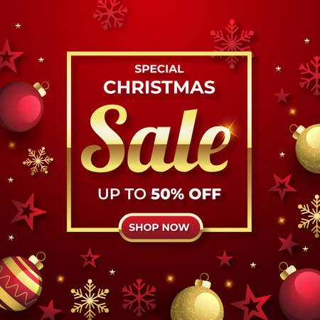 flat Christmas sales promo with golden red decorations vector design illustrationのイラスト素材