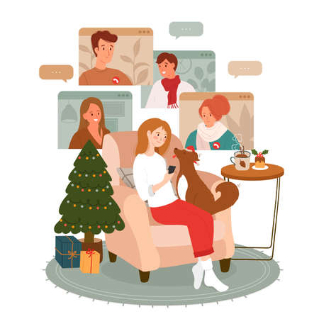 christmas family videocall vector design illustrationのイラスト素材