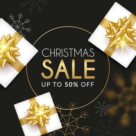 golden christmas sale banner with gifts vector design illustrationのイラスト素材