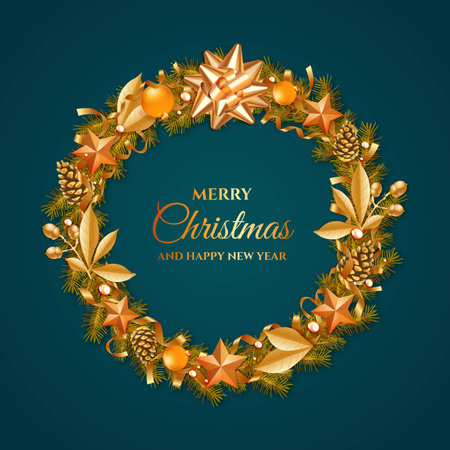 realistic golden christmas wreath vector design illustrationのイラスト素材