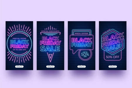 neon black friday stories collection vector design illustrationのイラスト素材