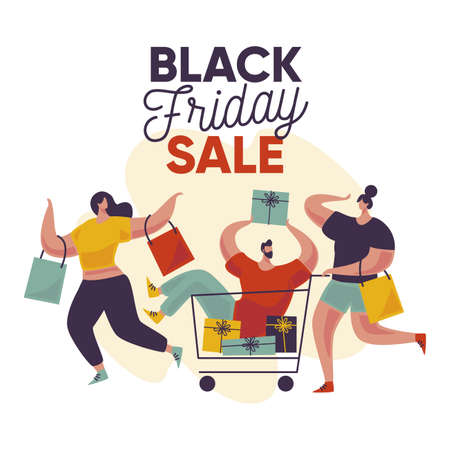 flat design black friday with people vector design illustrationのイラスト素材