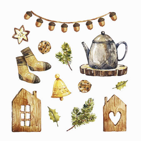 watercolor christmas element set vector design illustrationのイラスト素材