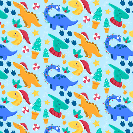 funny christmas pattern with dinosaurs vector design illustrationのイラスト素材