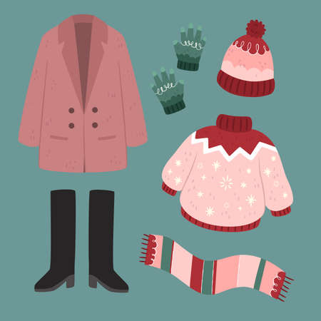 winter clothes essentials flat vector design illustrationのイラスト素材