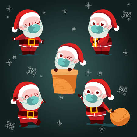 santa claus collection wearing face mask vector design illustrationのイラスト素材